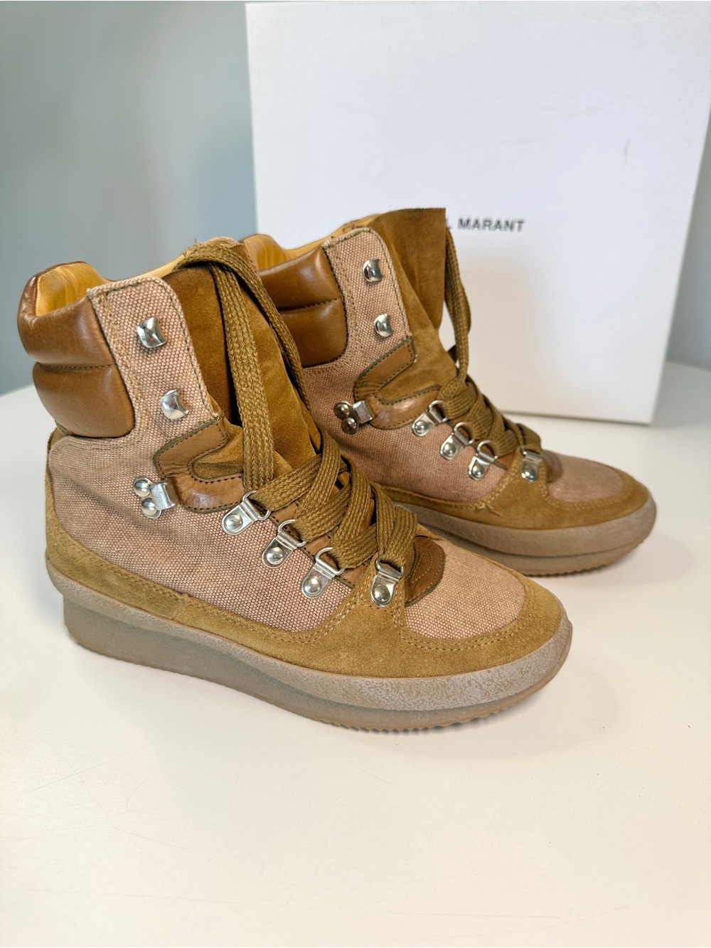Isabel Marant Tan & Brown Lace-Up Wedge Boots 5 35 Suede Canvas